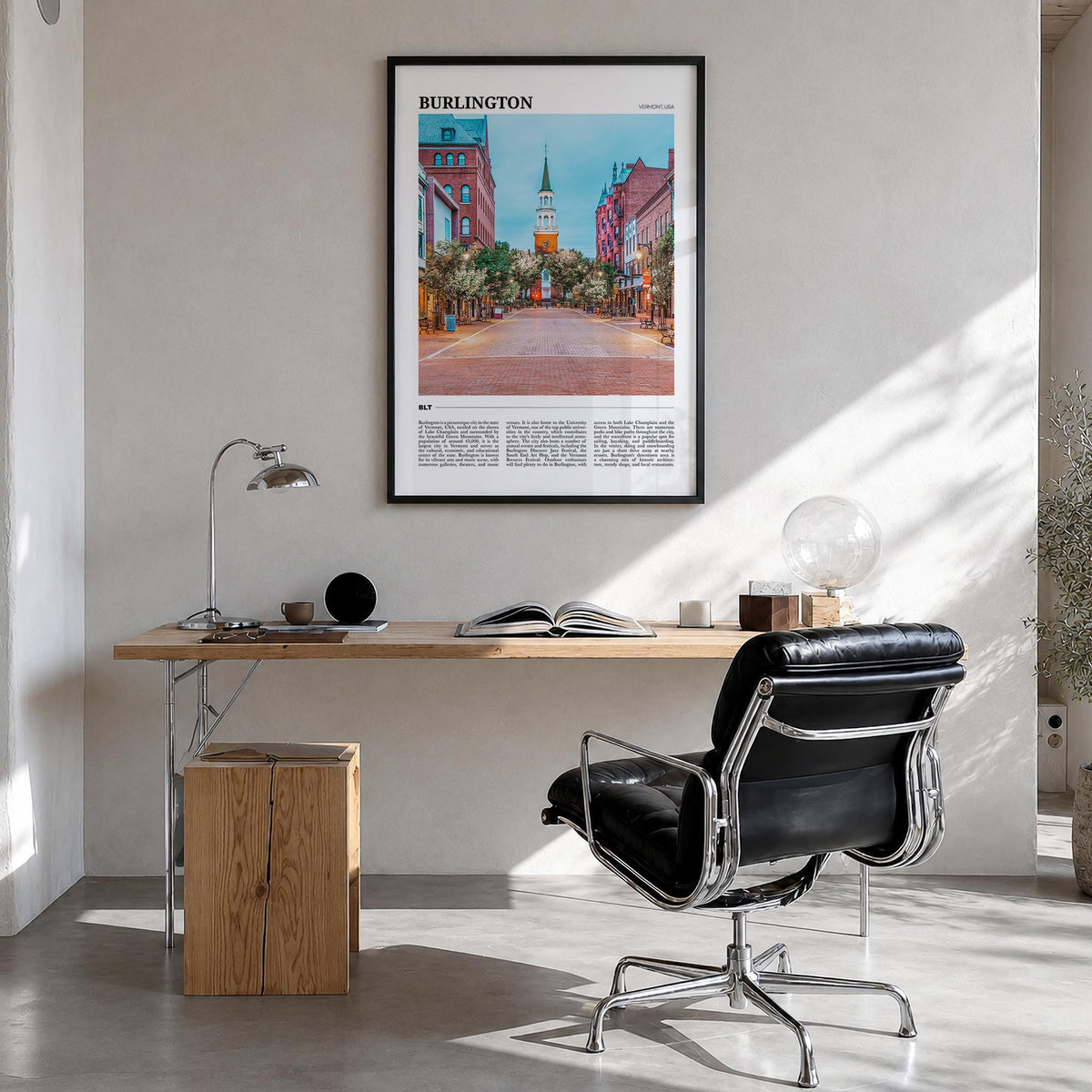 Burlington, Vermont colorful travel poster of Vermont, USA – vertical wall art in black wood frame, hanging on wall
