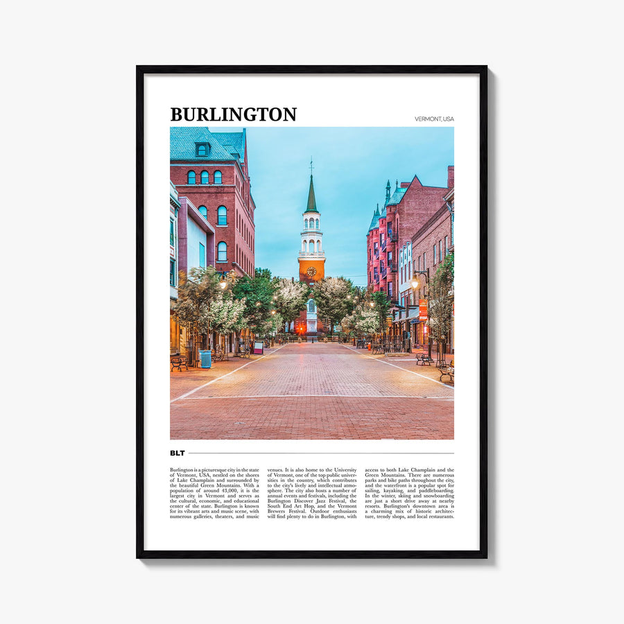 Burlington, Vermont colorful travel poster of Vermont, USA – vertical wall art, unframed print shown in interior mockup