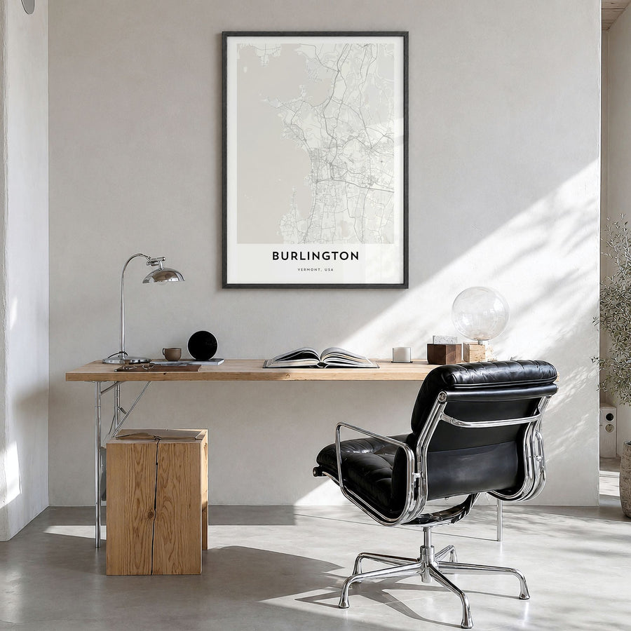 Burlington, Vermont Map Poster in a black wood frame, hanging in a bright home office