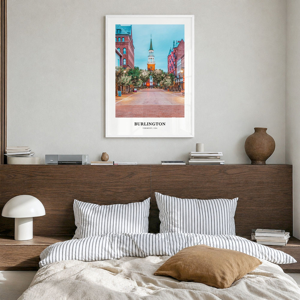 Burlington, Vermont Classic Poster in a white wood frame, hanging in a bedroom