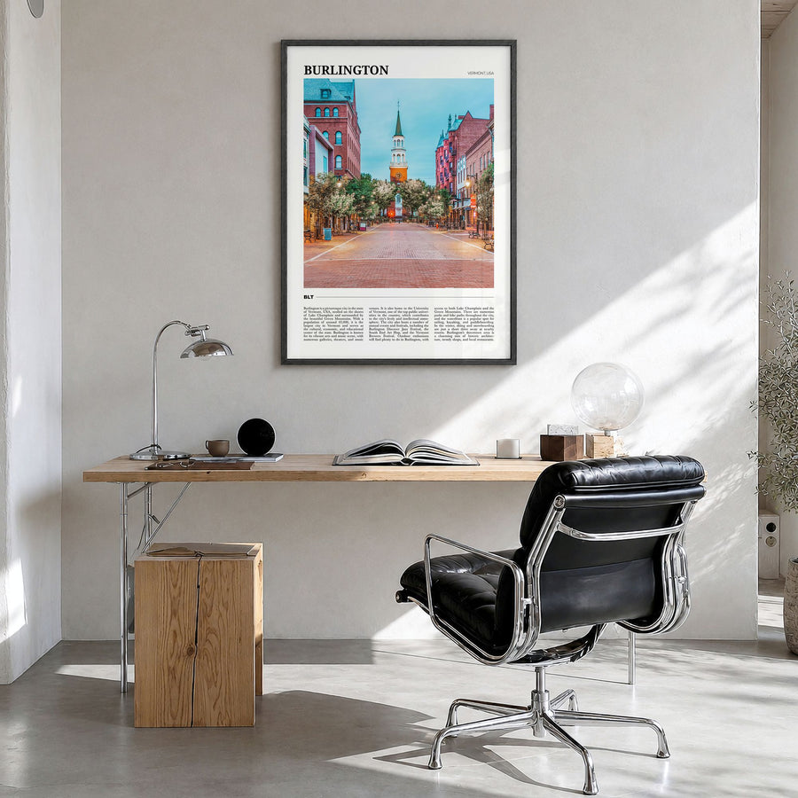 Burlington, Vermont Travel Poster in a black wood frame, hanging in a bright home office