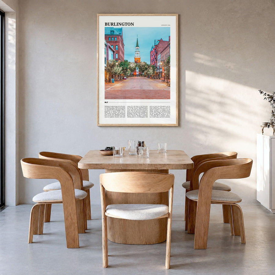 Burlington, Vermont Travel Poster in a natural wood frame, hanging in a dining room