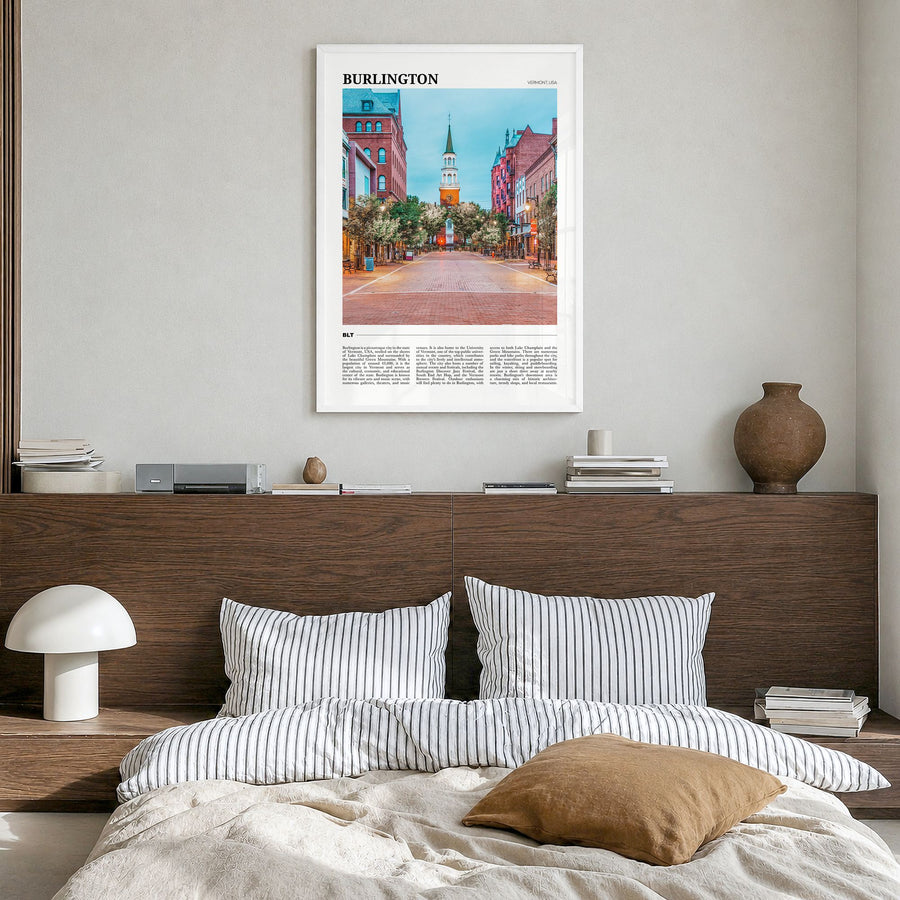 Burlington, Vermont Travel Poster in a white wood frame, hanging in a bedroom