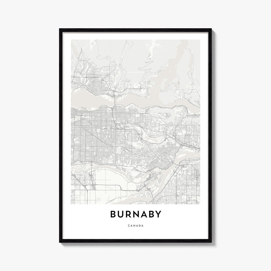 Burnaby black & white map poster of British Columbia, Canada – vertical wall art, unframed print shown in interior mockup