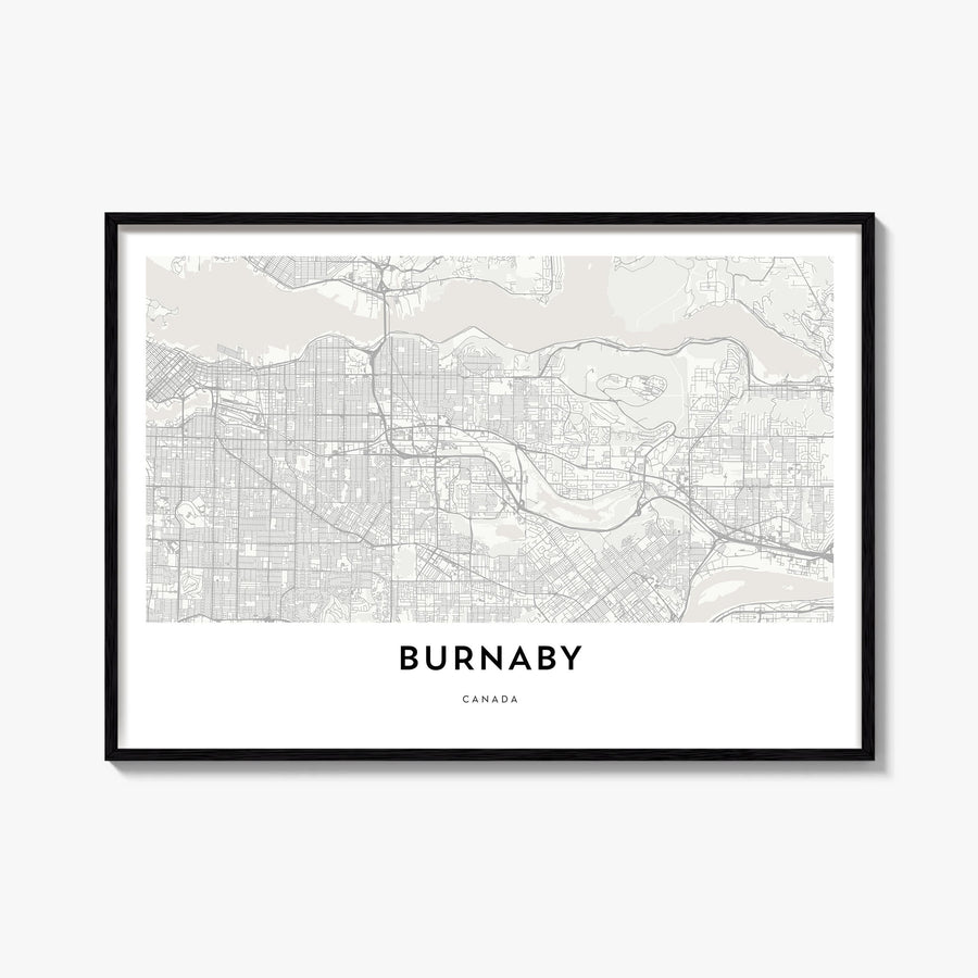 Burnaby black & white map poster of British Columbia, Canada – horizontal wall art, unframed print shown in interior mockup