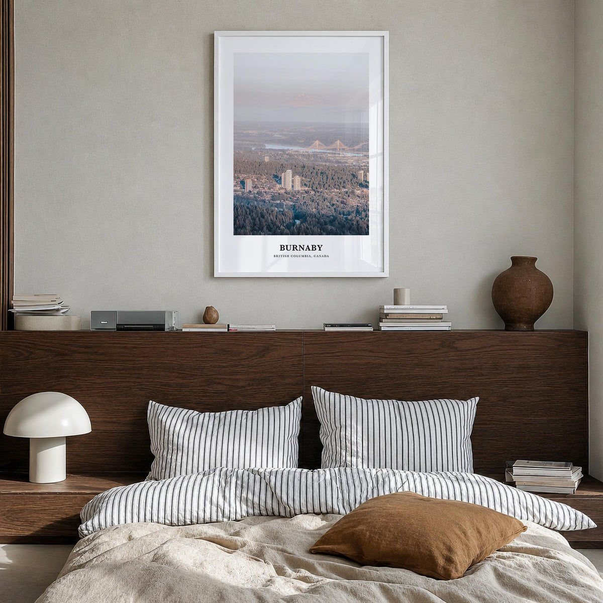 Burnaby colorful classic poster of British Columbia, Canada – vertical wall art in white wood frame, hanging on wall
