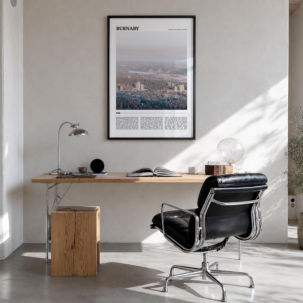 Burnaby colorful travel poster of British Columbia, Canada – vertical wall art in black wood frame, hanging on wall