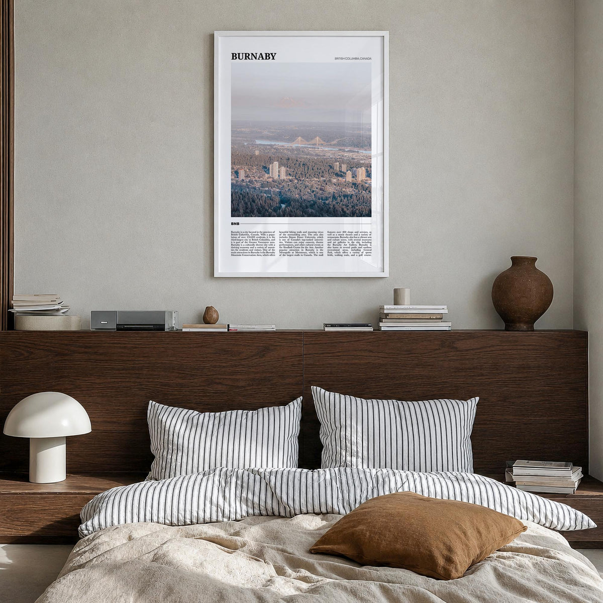 Burnaby colorful travel poster of British Columbia, Canada – vertical wall art in white wood frame, hanging on wall
