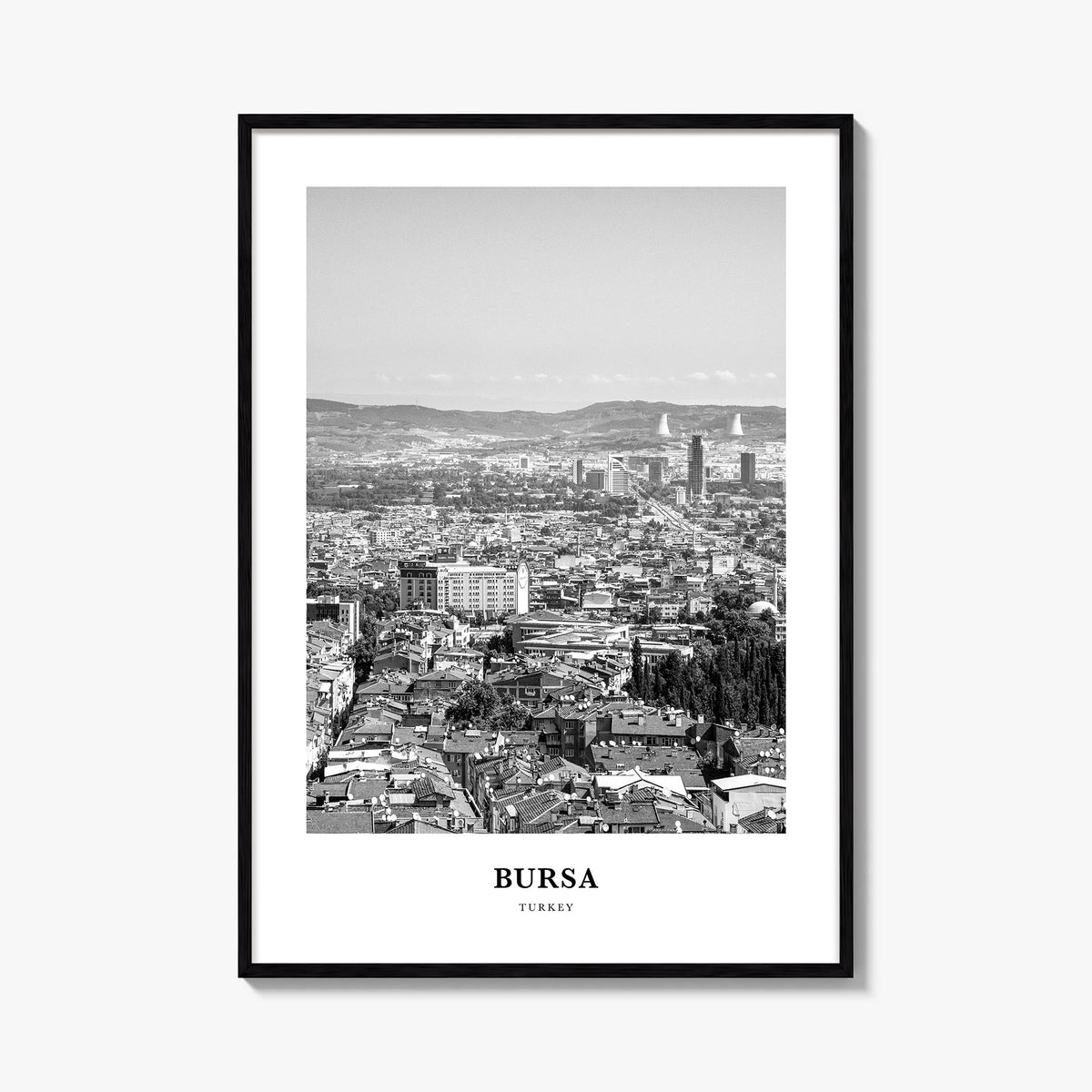 Bursa black & white classic poster of Türkiye – vertical wall art, unframed print shown in interior mockup