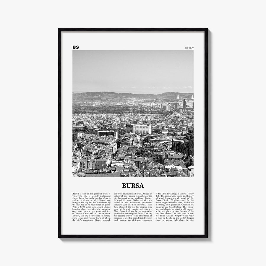 Bursa black & white newspaper poster of Türkiye – vertical wall art, unframed print shown in interior mockup