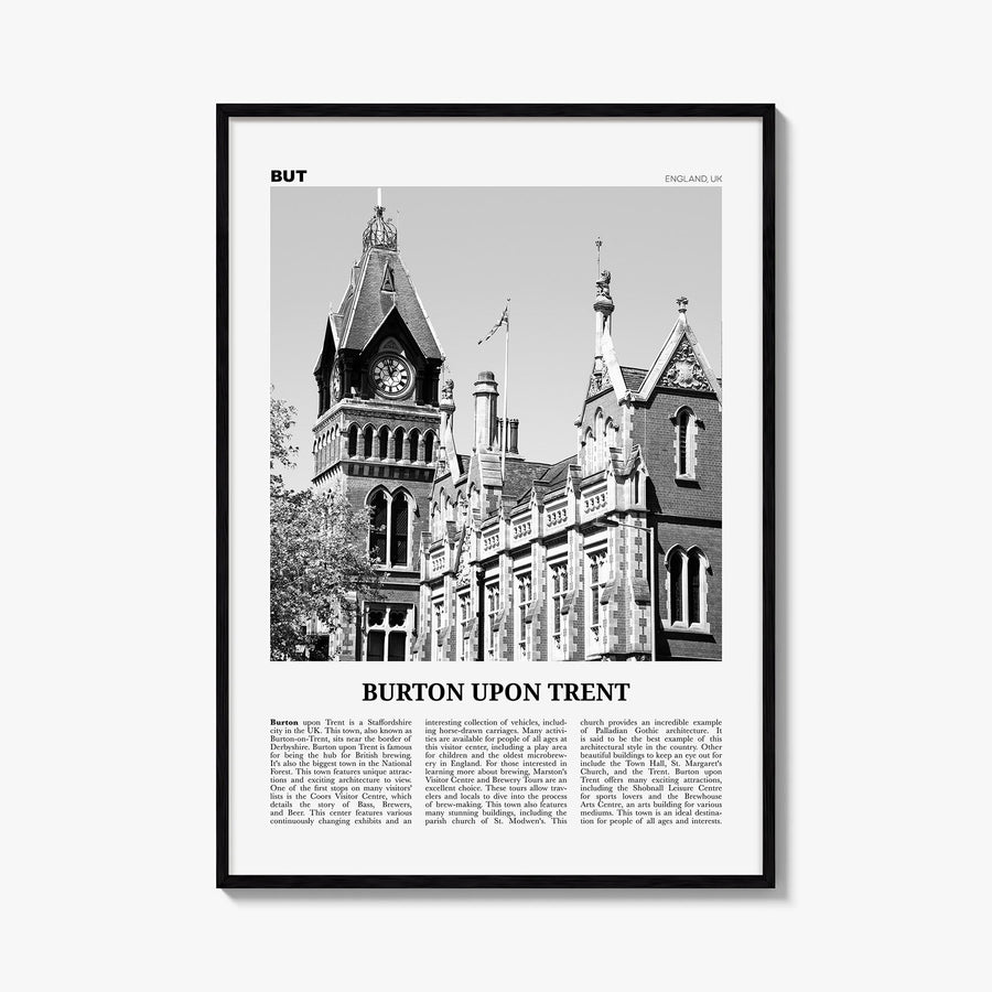 Burton upon Trent black & white newspaper poster of United Kingdom – vertical wall art, unframed print shown in interior mock