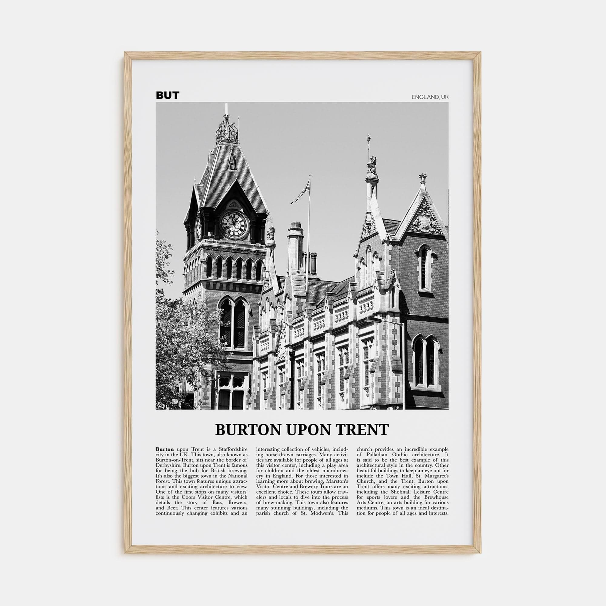 Burton upon Trent Poster Natural Wood / 8x12 in Nbourhood Travel B&W Poster