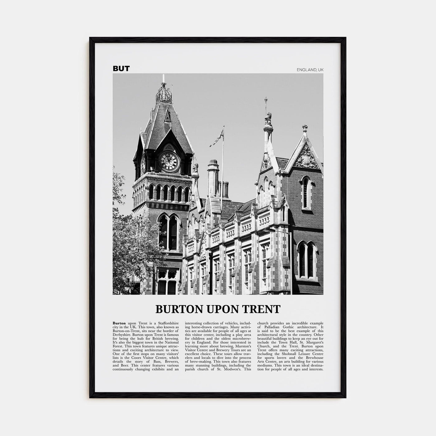 Burton upon Trent Poster Black Wood / 8x12 in Nbourhood Travel B&W Poster