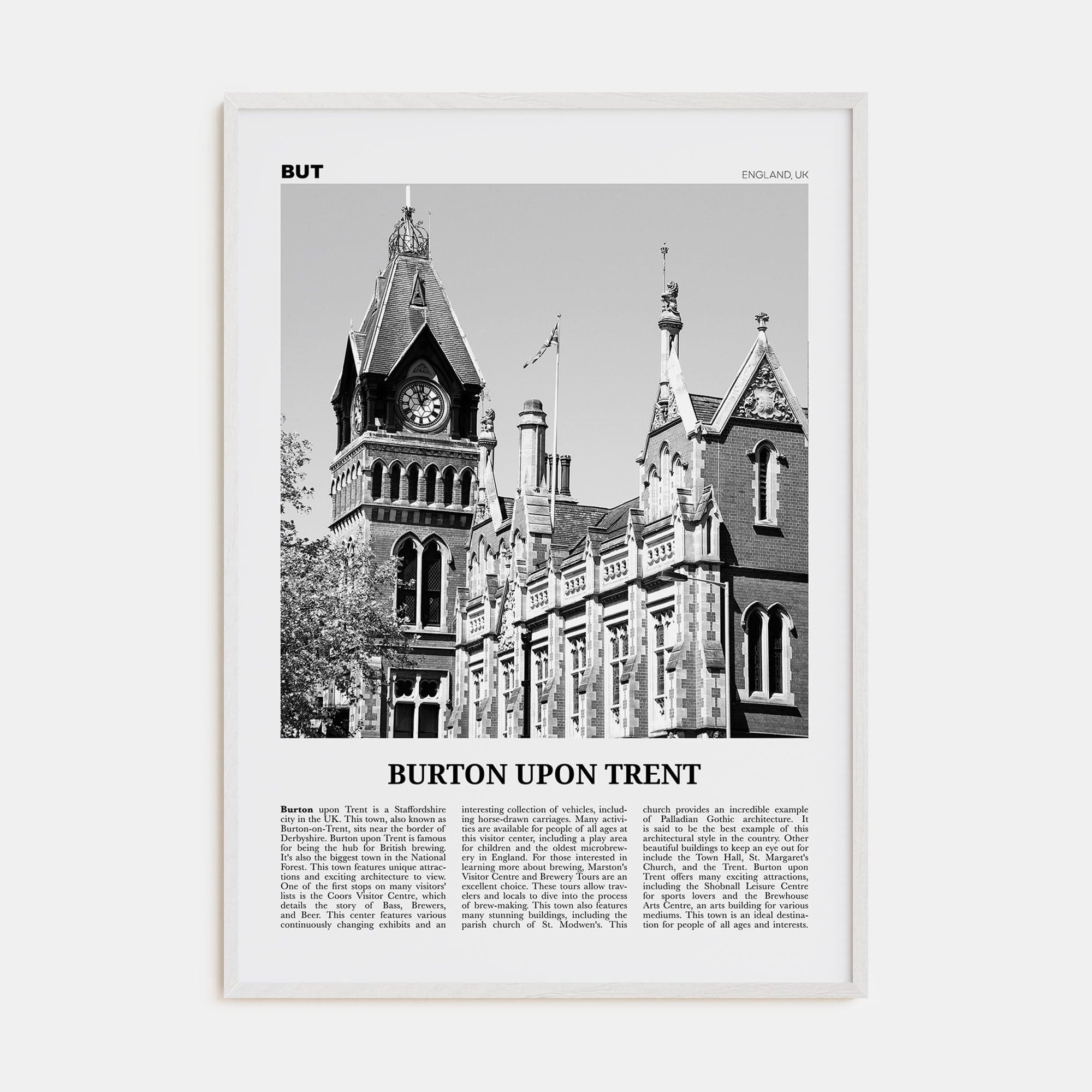 Burton upon Trent Poster White Wood / 8x12 in Nbourhood Travel B&W Poster