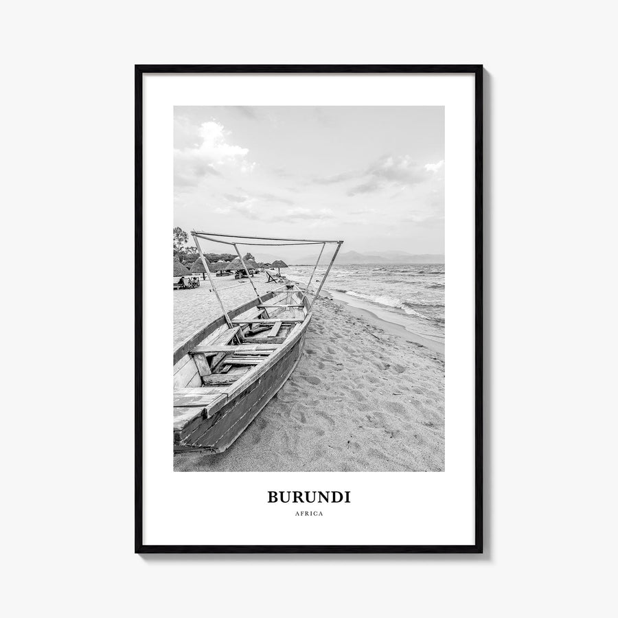 Burundi black & white classic poster of Africa – vertical wall art, unframed print shown in interior mockup