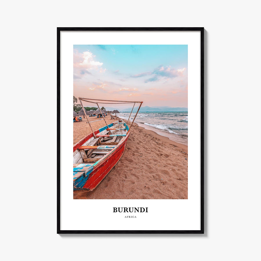 Burundi colorful classic poster of Africa – vertical wall art, unframed print shown in interior mockup