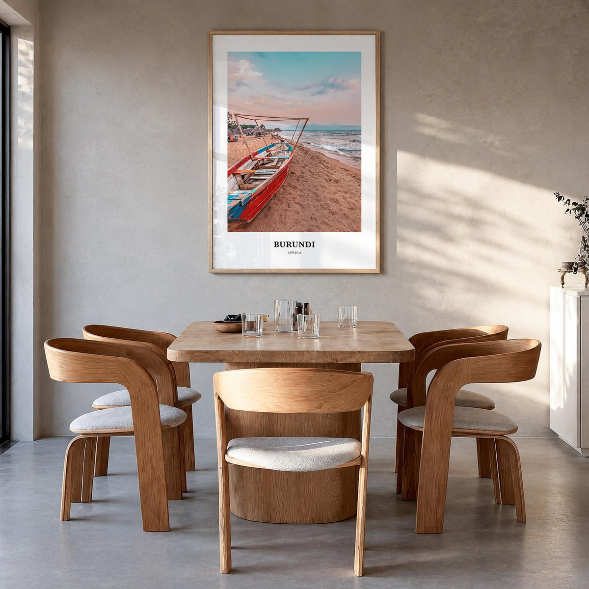 Burundi colorful classic poster of Africa – vertical wall art in natural wood frame, hanging on wall