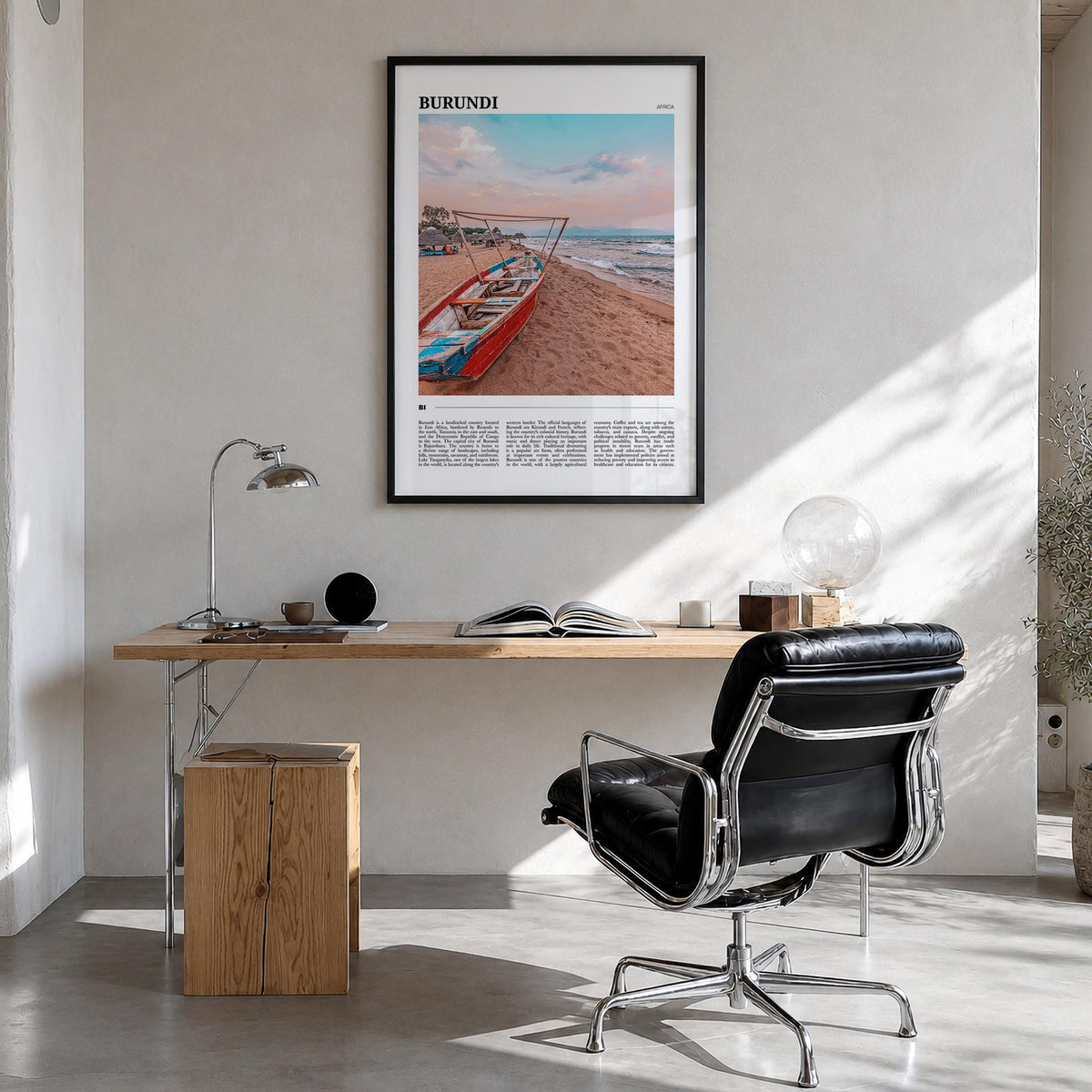 Burundi colorful travel poster of Africa – vertical wall art in black wood frame, hanging on wall