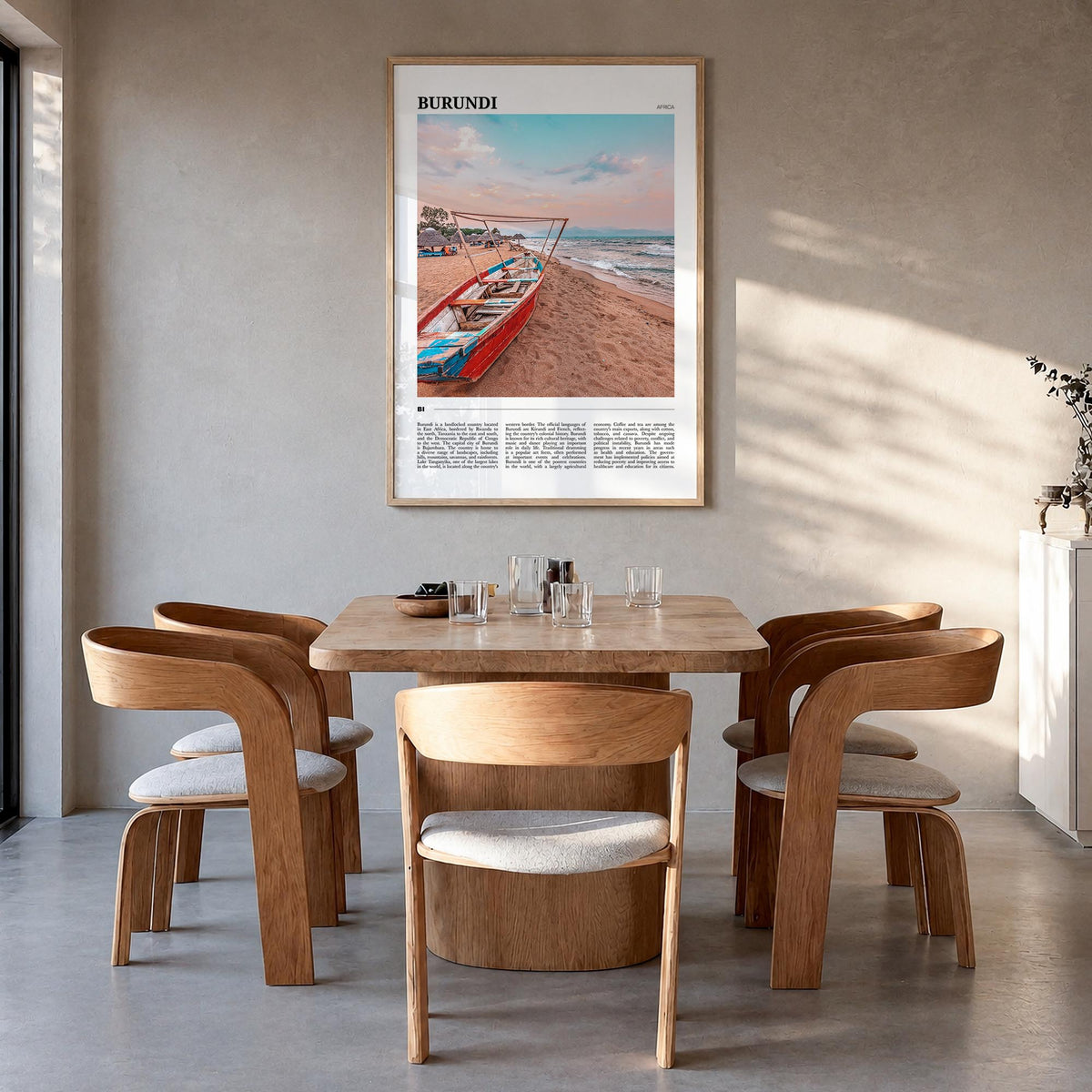 Burundi colorful travel poster of Africa – vertical wall art in natural wood frame, hanging on wall