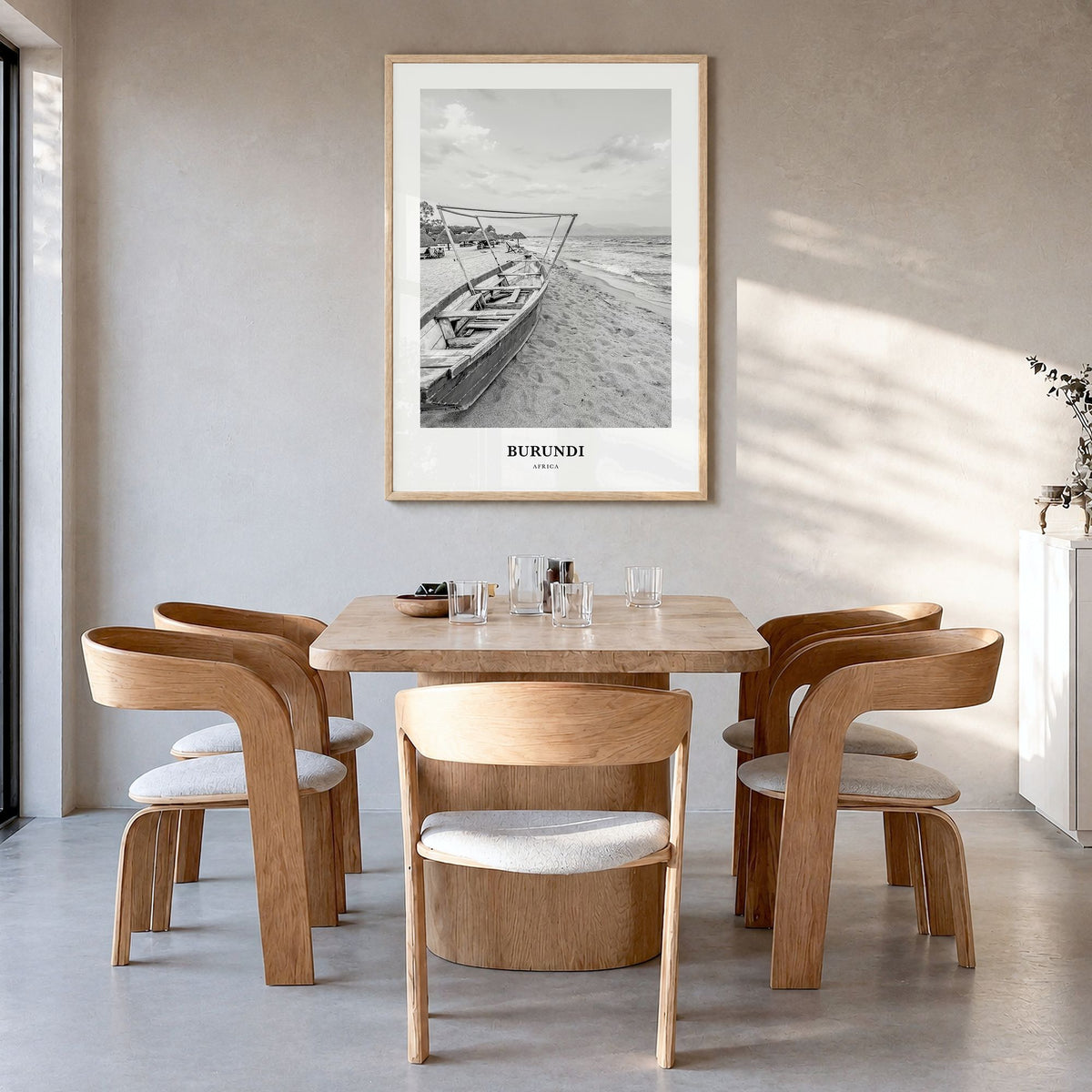 Burundi Classic Poster in a natural wood frame, hanging in a dining room