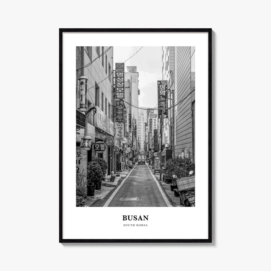 Busan no. 1 black & white classic poster of South Korea – vertical wall art, unframed print shown in interior mockup