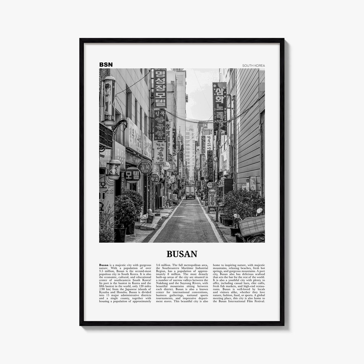 Busan no. 1 black & white newspaper poster of South Korea – vertical wall art, unframed print shown in interior mockup