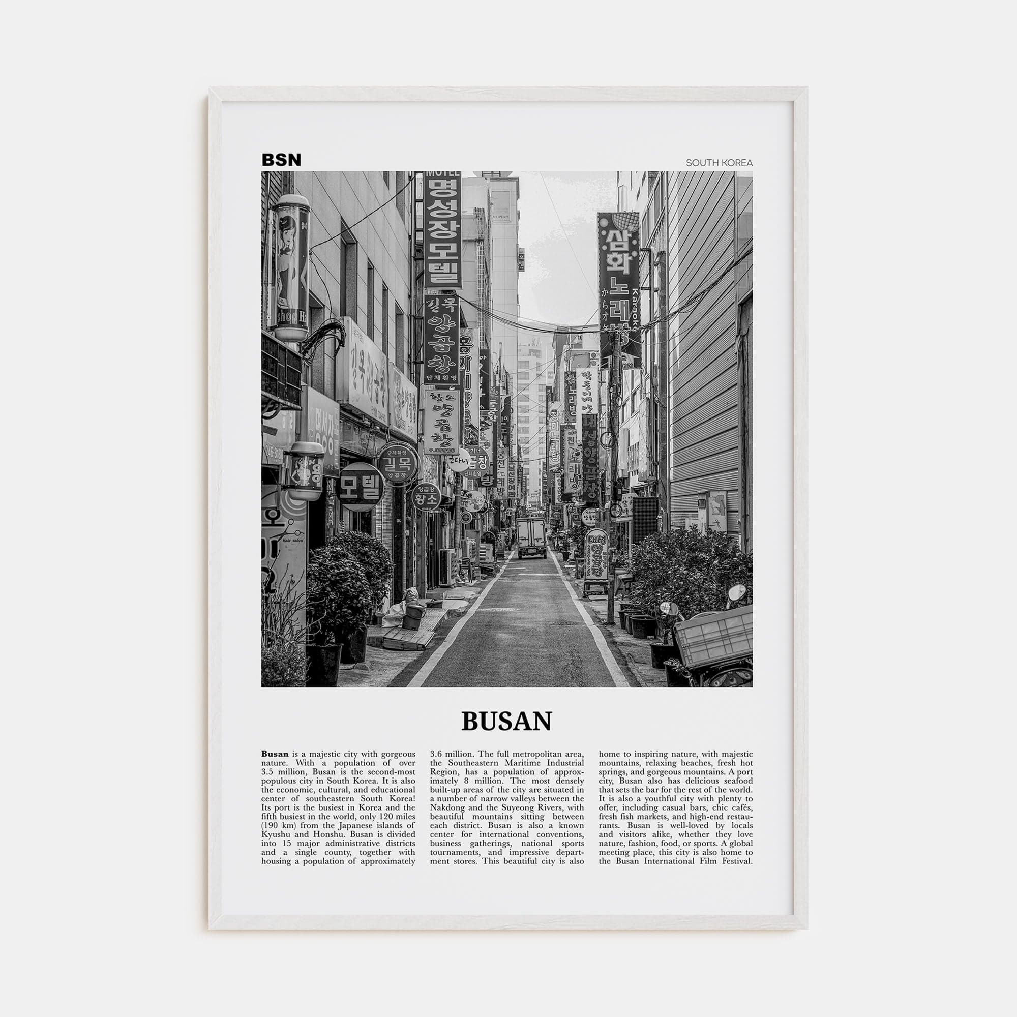 Busan No 1 Poster White Wood / 8x12 in Nbourhood Travel B&W Poster