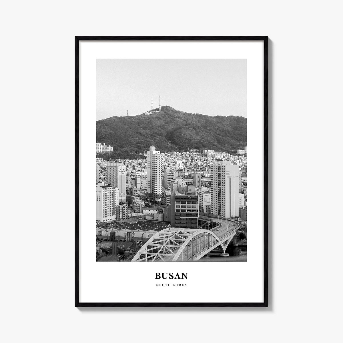 Busan no. 2 black & white classic poster of South Korea – vertical wall art, unframed print shown in interior mockup
