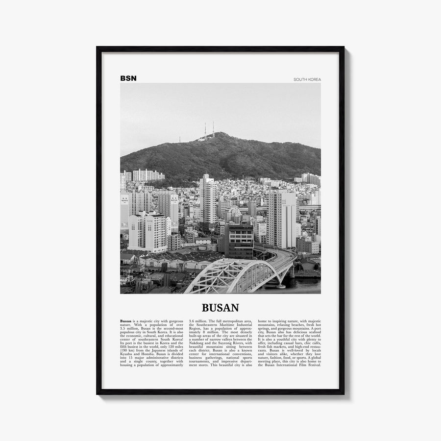 Busan no. 2 black & white newspaper poster of South Korea – vertical wall art, unframed print shown in interior mockup