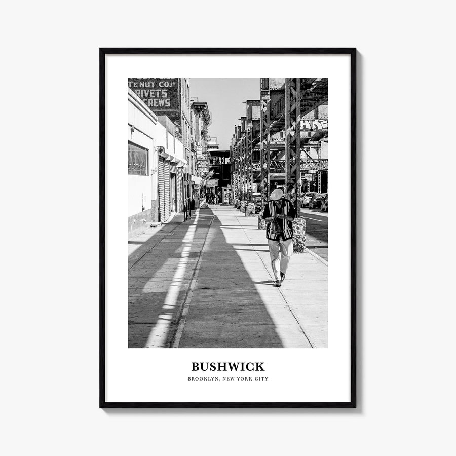 Bushwick black & white classic poster of Brooklyn, New York City – vertical wall art, unframed print shown in interior mockup