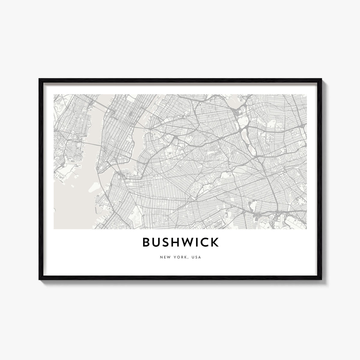 Bushwick black & white map poster of Brooklyn, New York City – horizontal wall art, unframed print shown in interior mockup