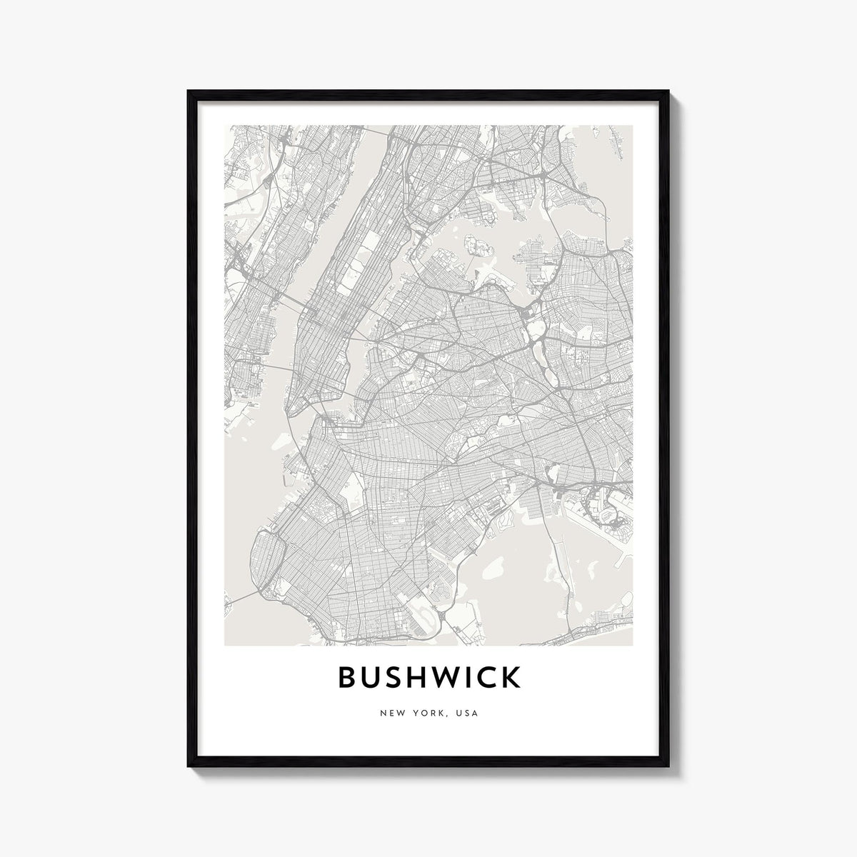 Bushwick black & white map poster of Brooklyn, New York City – vertical wall art, unframed print shown in interior mockup
