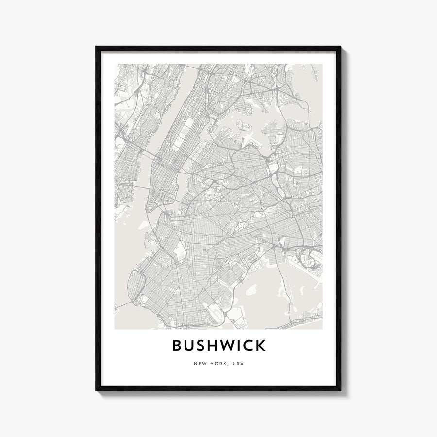 Bushwick black & white map poster of Brooklyn, New York City – vertical wall art, unframed print shown in interior mockup