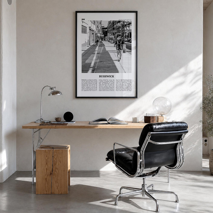 Bushwick black & white newspaper poster of Brooklyn, New York City – vertical wall art in black wood frame, hanging on wall