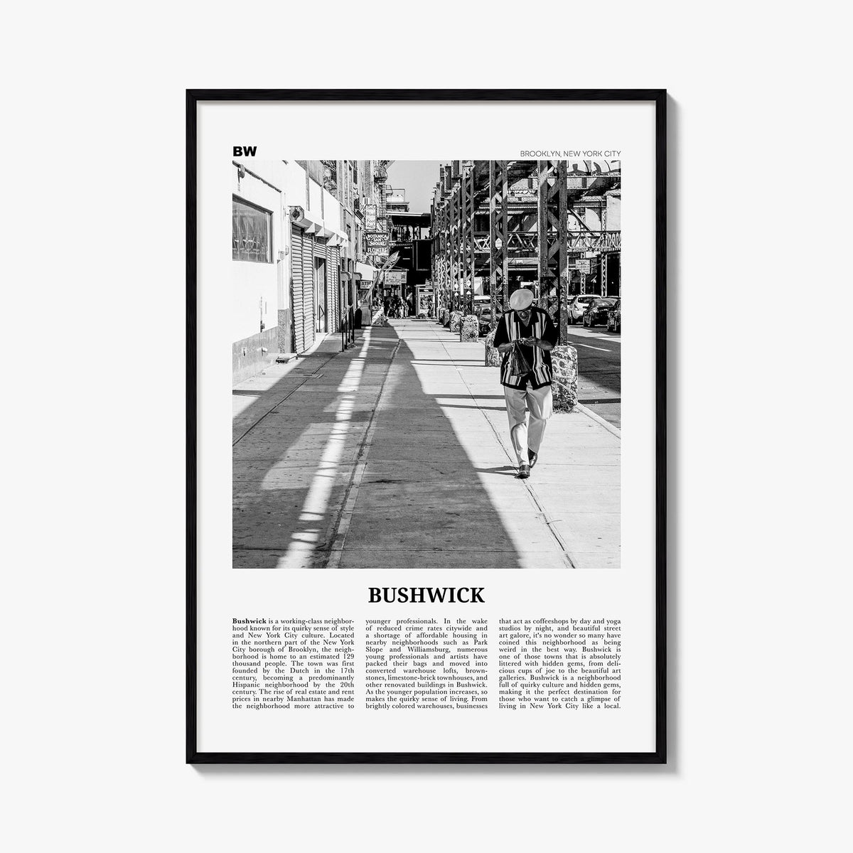 Bushwick black & white newspaper poster of Brooklyn, New York City – vertical wall art, unframed print shown in interior mock