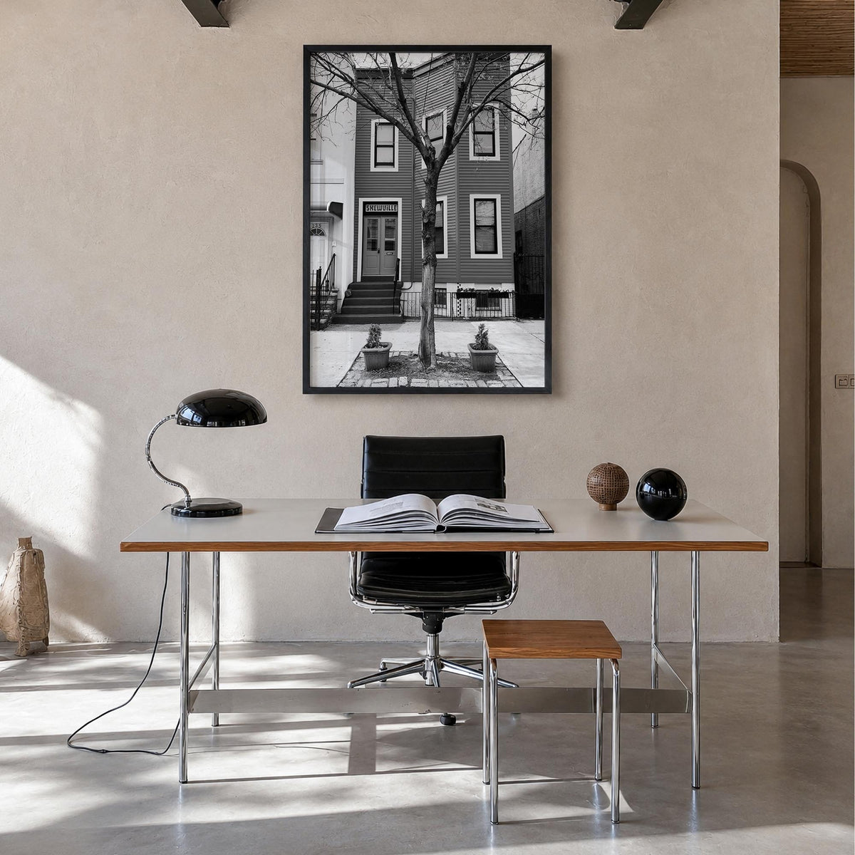 Bushwick black & white photo poster of Brooklyn, New York City – vertical wall art in black wood frame, hanging on wall