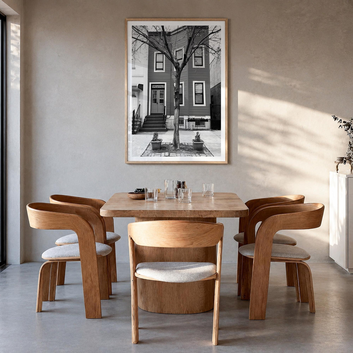 Bushwick black & white photo poster of Brooklyn, New York City – vertical wall art in natural wood frame with white border, h