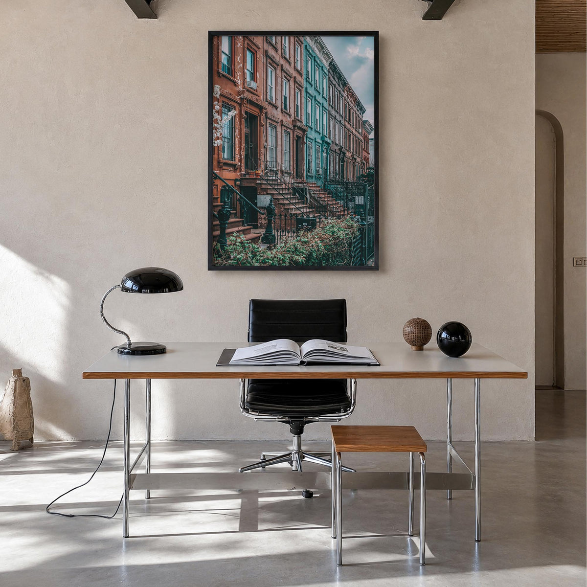 Bushwick colorful photo poster of Brooklyn, New York City – vertical wall art in black wood frame, hanging on wall