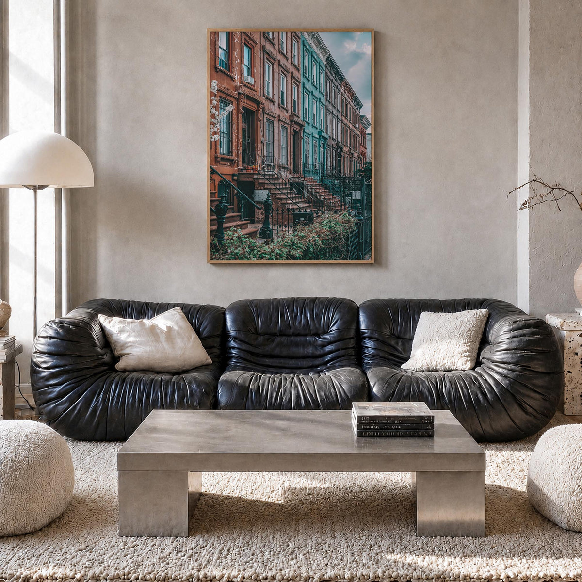 Bushwick colorful photo poster of Brooklyn, New York City – vertical wall art in natural wood frame, hanging on wall