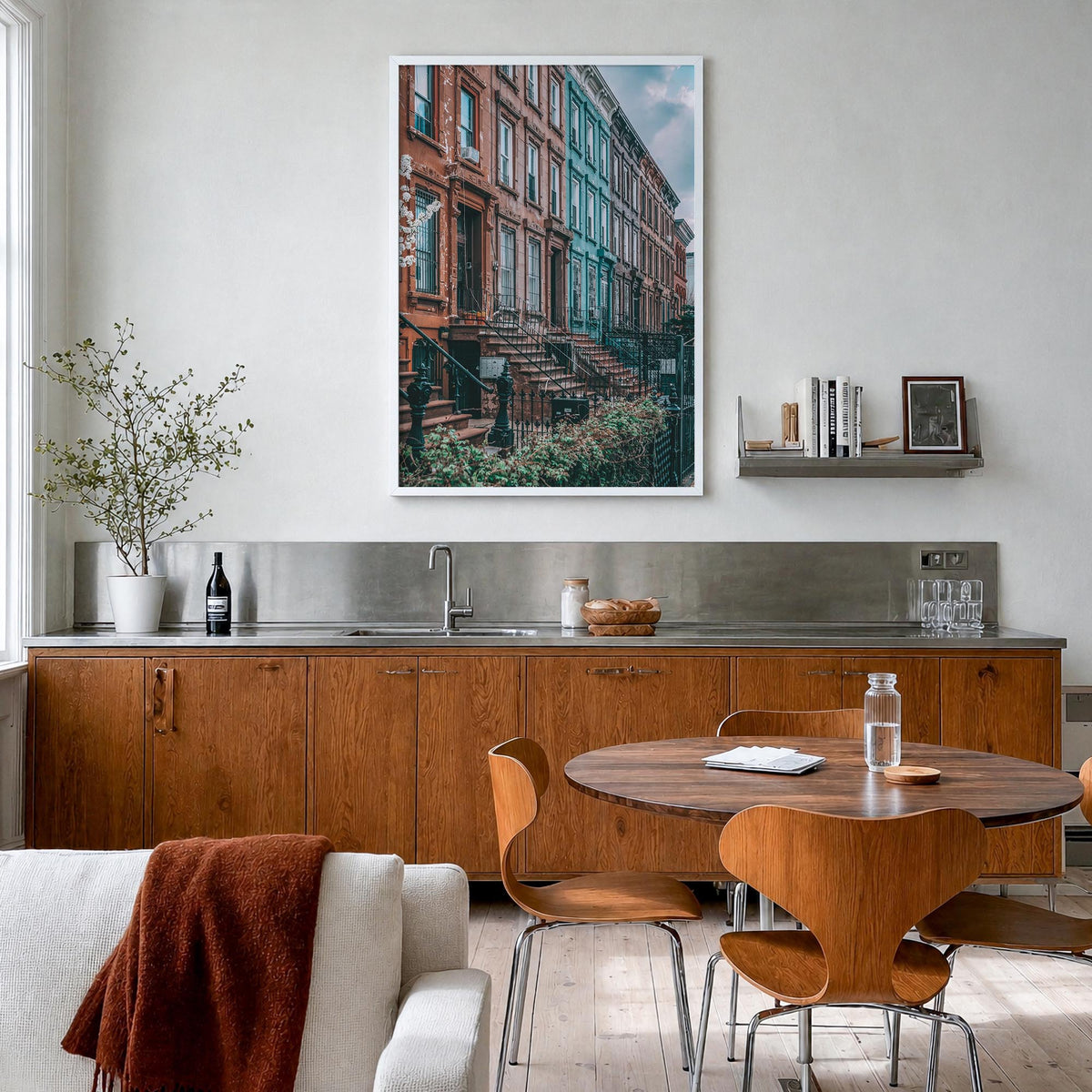 Bushwick colorful photo poster of Brooklyn, New York City – vertical wall art in white wood frame, hanging on wall