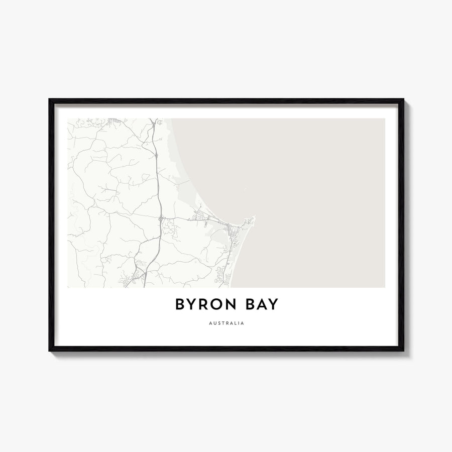 Byron Bay black & white map poster of New South Wales, Australia – horizontal wall art, unframed print shown in interior mock