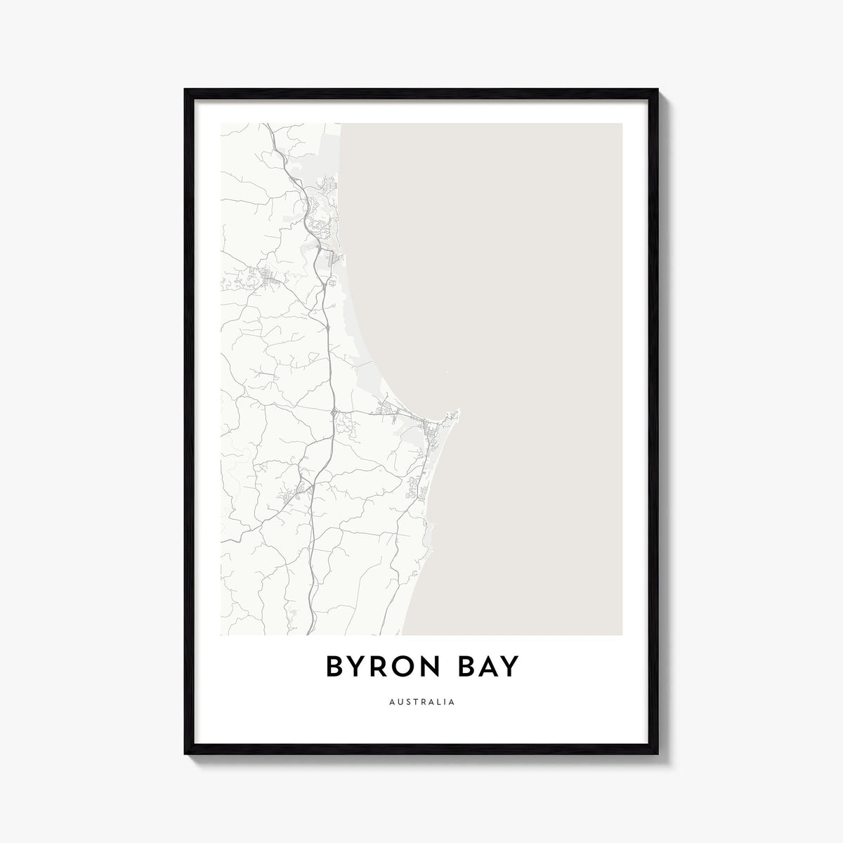 Byron Bay black & white map poster of New South Wales, Australia – vertical wall art, unframed print shown in interior mockup