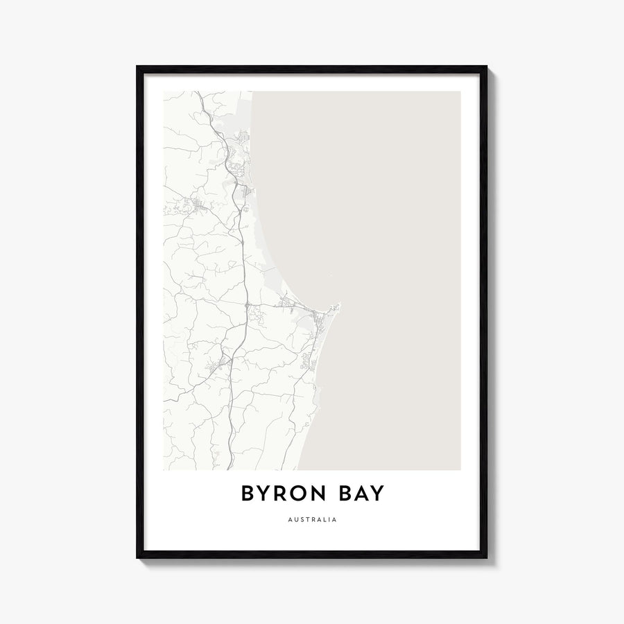 Byron Bay black & white map poster of New South Wales, Australia – vertical wall art, unframed print shown in interior mockup