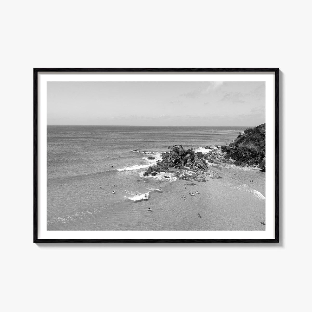 Byron Bay black & white photo poster of New South Wales, Australia – horizontal wall art, unframed print shown in interior mo