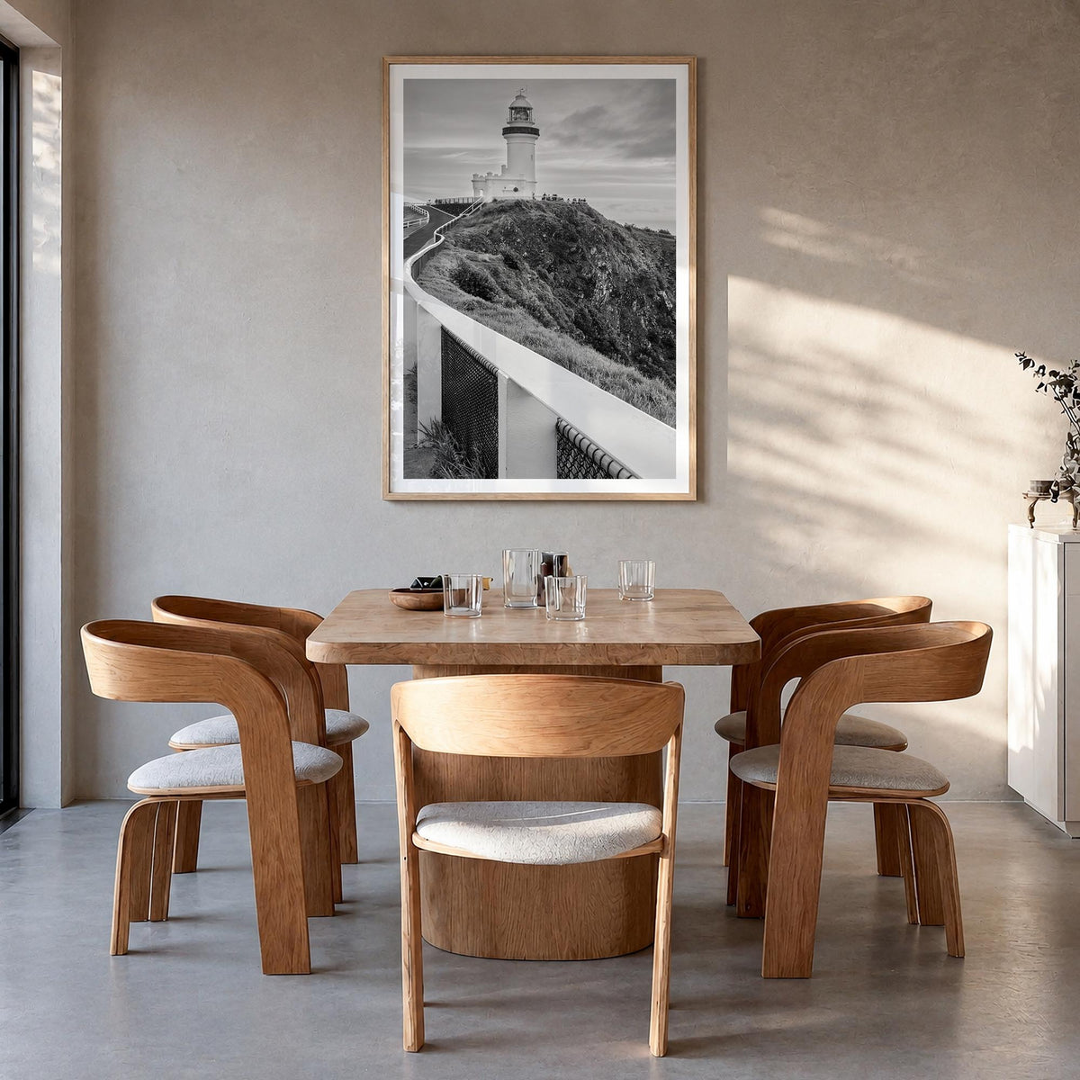 Byron Bay black & white photo poster of New South Wales, Australia – vertical wall art in natural wood frame with white borde