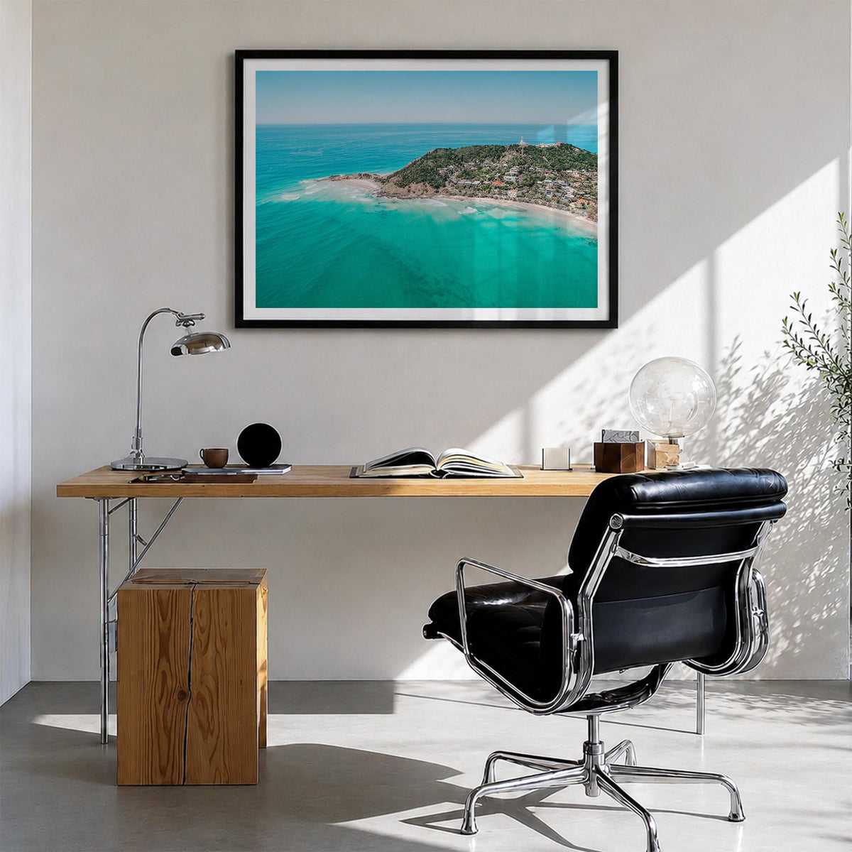 Byron Bay colorful photo poster of New South Wales, Australia – horizontal wall art in black wood frame with white border, ha