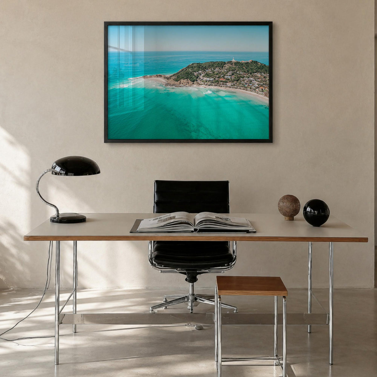 Byron Bay colorful photo poster of New South Wales, Australia – horizontal wall art in black wood frame, hanging on wall