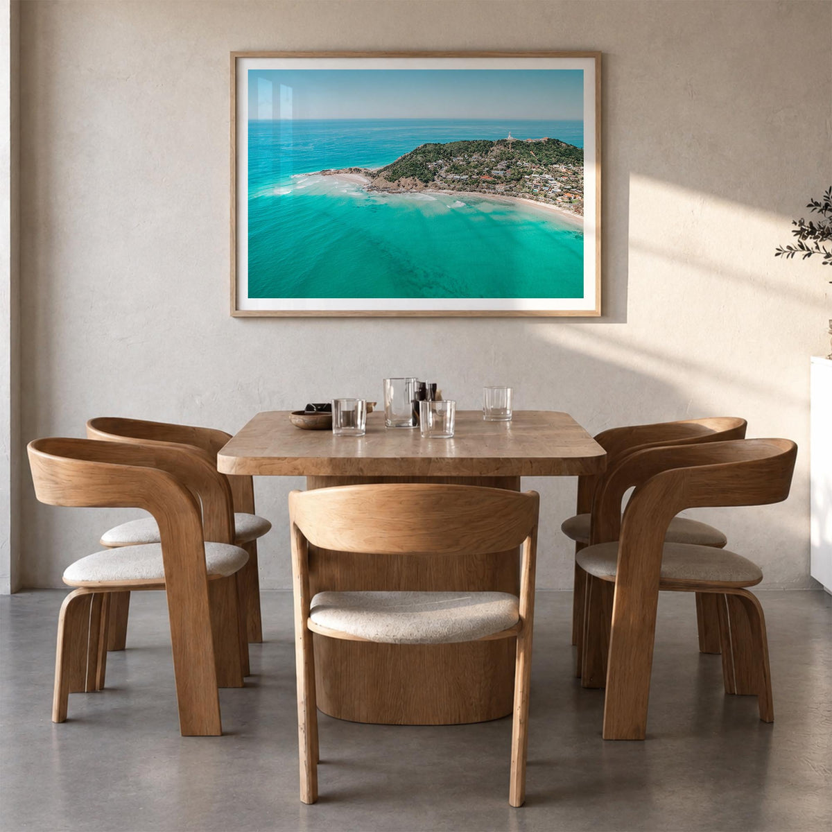 Byron Bay colorful photo poster of New South Wales, Australia – horizontal wall art in natural wood frame with white border, 