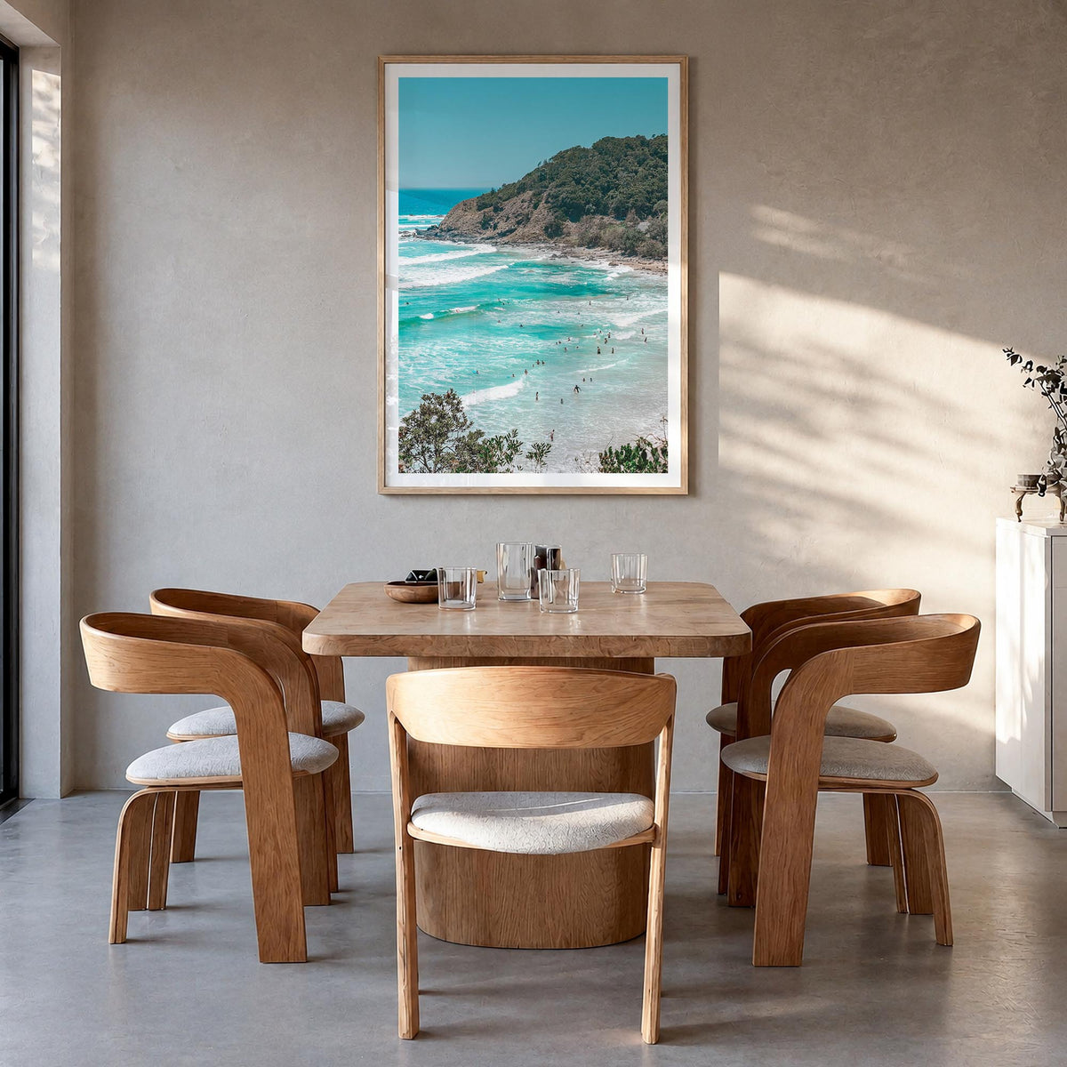 Byron Bay colorful photo poster of New South Wales, Australia – vertical wall art in natural wood frame with white border, ha