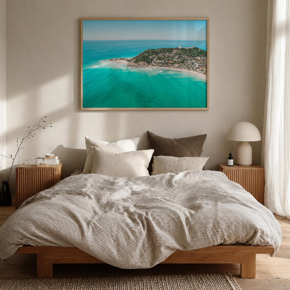 Byron Bay colorful photo poster of New South Wales, Australia – horizontal wall art in natural wood frame, hanging on wall